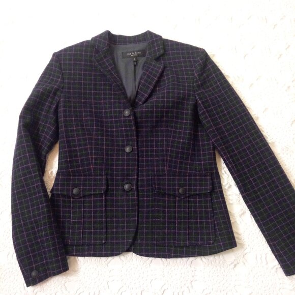 Rag & Bone Blazer Jacket Navy Blue Plaid Wool Notch Collar Patch Pockets 4 Women - Picture 1 of 8